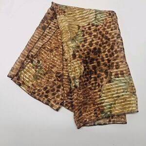 Vtg Retro Chiffon Scarf Brown Black Animal Print Pattern Metallic Gold 27x52"